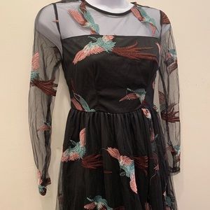 Shein Bird Embroidered Sheer Mesh Black Maxi Dress.
